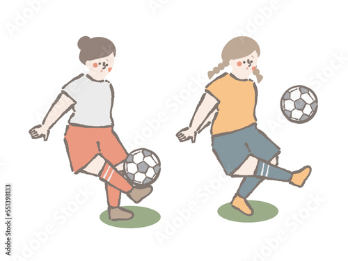 サッカー　女性　イラスト　セット