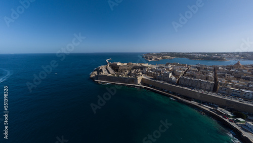 Aerial drone panorama of City of Valletta, Malta on a sunny day with visible main sights of the city.