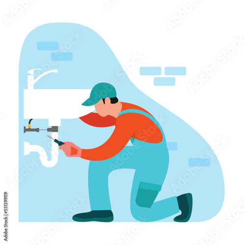 Vector illustration of plumber. Cartoon scene with plumber who repairs the sink in the house on white background.