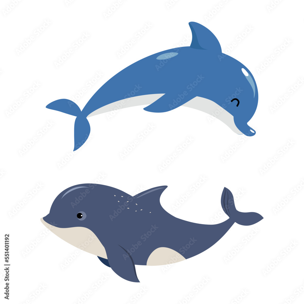 Blue Dolphin as Sea Animal Floating Underwater Vector Set Blue Dolphin as Sea Animal Floating Underwater Vector Set