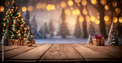 Empty wood table top with blur Christmas tree with bokeh light background 