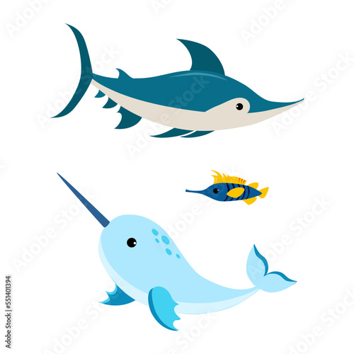 Swordfish and Narwhale as Sea Animal Floating Underwater Vector Set