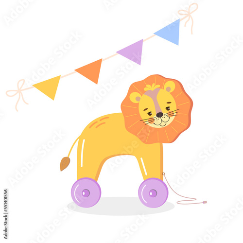 Cute wooden yellow lion cub on wheels. Children's toy with festive garland. Vector baby illustration in cartoon style on white isolated background.