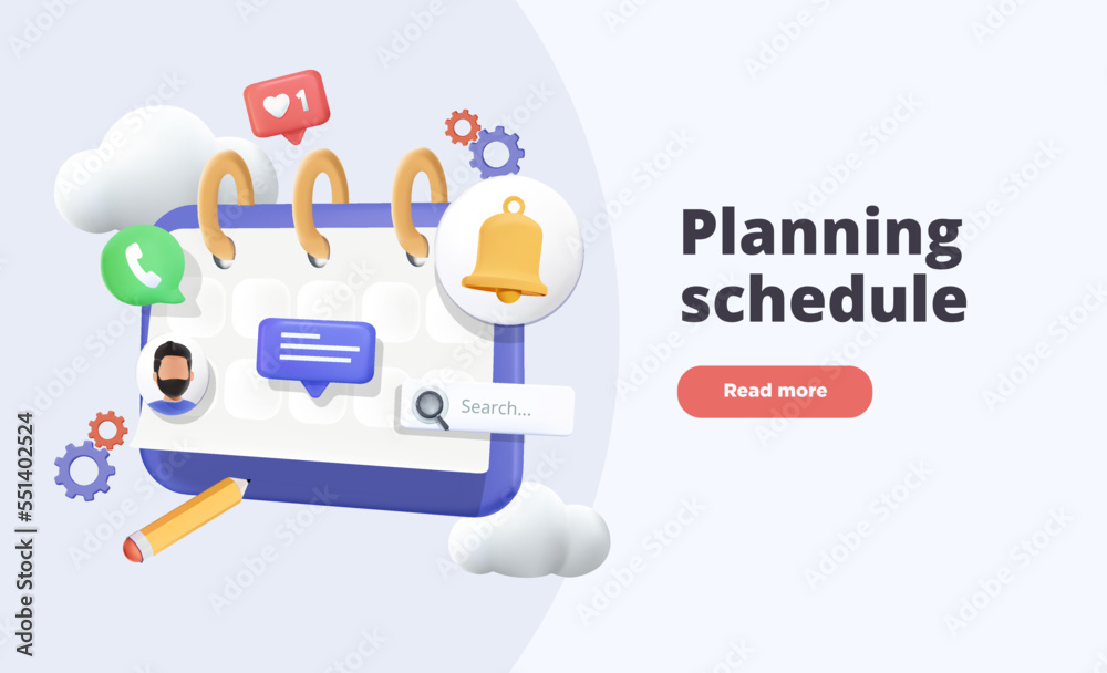 Planning schedule concept 3D banner. Can use for web banner, infographics, hero images. 3D render vector illustration isolated on white background. Entrepreneurship and calendar schedule planning Planning schedule concept 3D banner. Can use for web banner, infographics, hero images. 3D render vector illustration isolated on white background. Entrepreneurship and calendar schedule planning