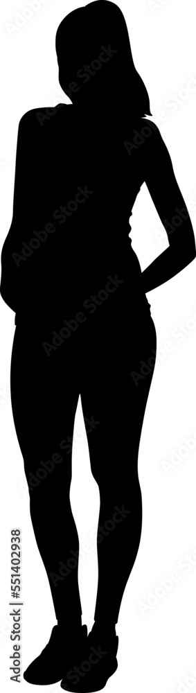 Hand-drawn pregnant woman standing wearing Silhouette of a leggings and a top with her hands on her belly. Vector flat style illustration isolated on white. Full-length view
