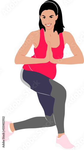 Hand-drawn pregnant woman doing exercise wearing leggings and a top. Vector flat style illustration isolated on white. Full-length view