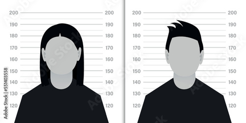 Front view of the suspect silhouette. Silhouette of anonymous man and woman with question mark on background of criminal record or police serial. vector illustration photo