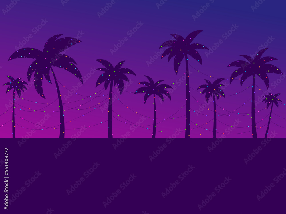 Christmas palm trees with garlands at sunset in the style of the 80s. Hanging garlands between palm trees. Tropical Christmas. Design for greeting card, poster and banner. Vector illustration