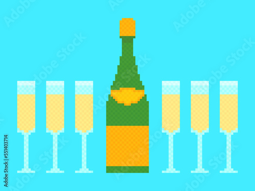 Pixel champagne bottle and glasses. 8-bit pixelated bottle and glass of wine in 80s retro graphic style. Festive drink icons. Design for posters and banners. Vector illustration