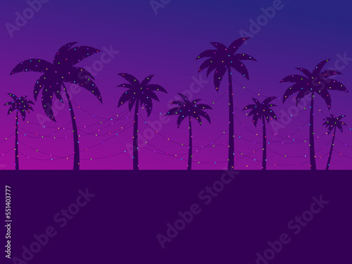 Christmas palm trees with garlands at sunset in the style of the 80s. Hanging garlands between palm trees. Tropical Christmas. Design for greeting card, poster and banner. Vector illustration
