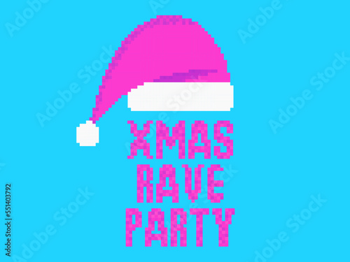 Xmas rave party. Pixel Santa hat and text on blue background. Merry Christmas rave party. Pixel art design for posters, banners and promotional products. Vector illustration