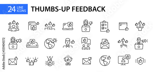24 positive customer feedback icons. Thumbs up social media likes. Pixel perfect, editable stroke line design