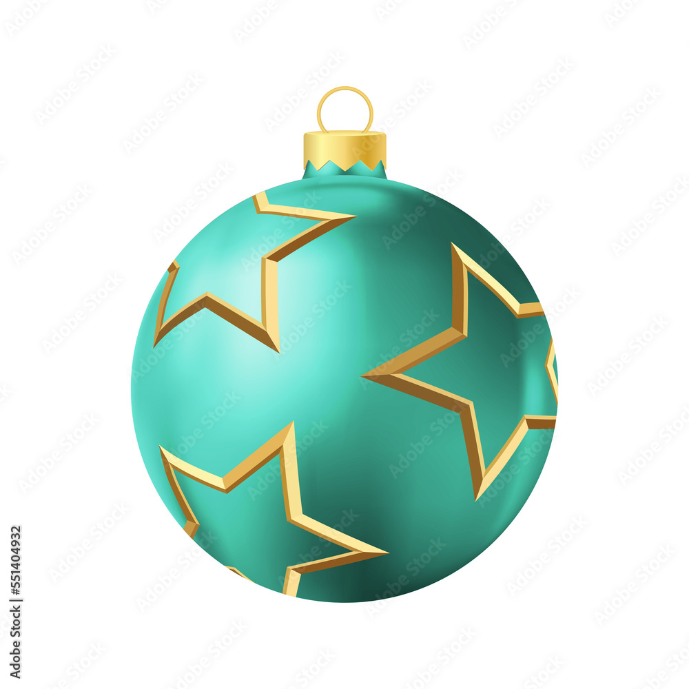 Obraz premium Turquoise Christmas tree toy with golden stars Realistic color illustration