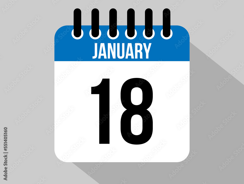 18 January calendar vector icon. Blue january date for the days of the month and the week on a light background 18 January calendar vector icon. Blue january date for the days of the month and the week on a light background