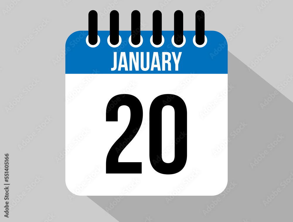20 January calendar vector icon. Blue january date for the days of the month and the week on a light background 20 January calendar vector icon. Blue january date for the days of the month and the week on a light background