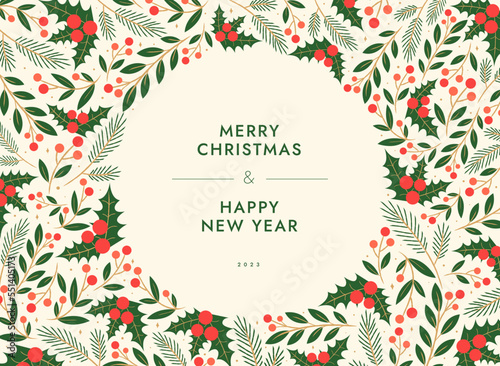 Merry Christmas artistic templates. Corporate Holiday card and invitation. Floral frame and background design. greeting card, poster, holiday cover, banner, flyer. Modern flat vector illustration.