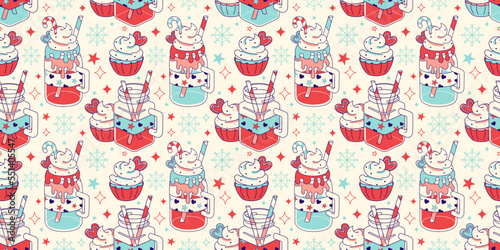 Light Retro wallpaper with candy and warm drink, cupcakes and cozy graphic. Cute bottles of mulled wine, cacao or glintwine with candy cane. Fun Happy New year wrapping, fabric, background.
