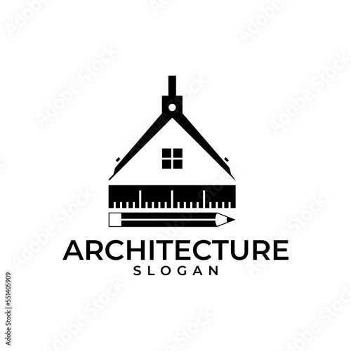 Architecture logo. Compass gauge, technical tool, work of the architect. Ruler, pencil logo design