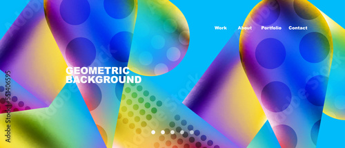 Glassmorphism landing page background template. Colorful glass shapes with metallic effect abstract composition for wallpaper, banner, background