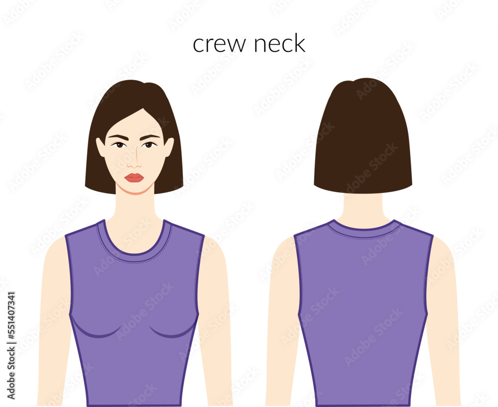 Crew neckline clothes knits, sweaters character beautiful lady in violet top, shirt, dress technical fashion illustration fitted. Flat apparel template front, back sides. Women, men unisex CAD mockup Crew neckline clothes knits, sweaters character beautiful lady in violet top, shirt, dress technical fashion illustration fitted. Flat apparel template front, back sides. Women, men unisex CAD mockup