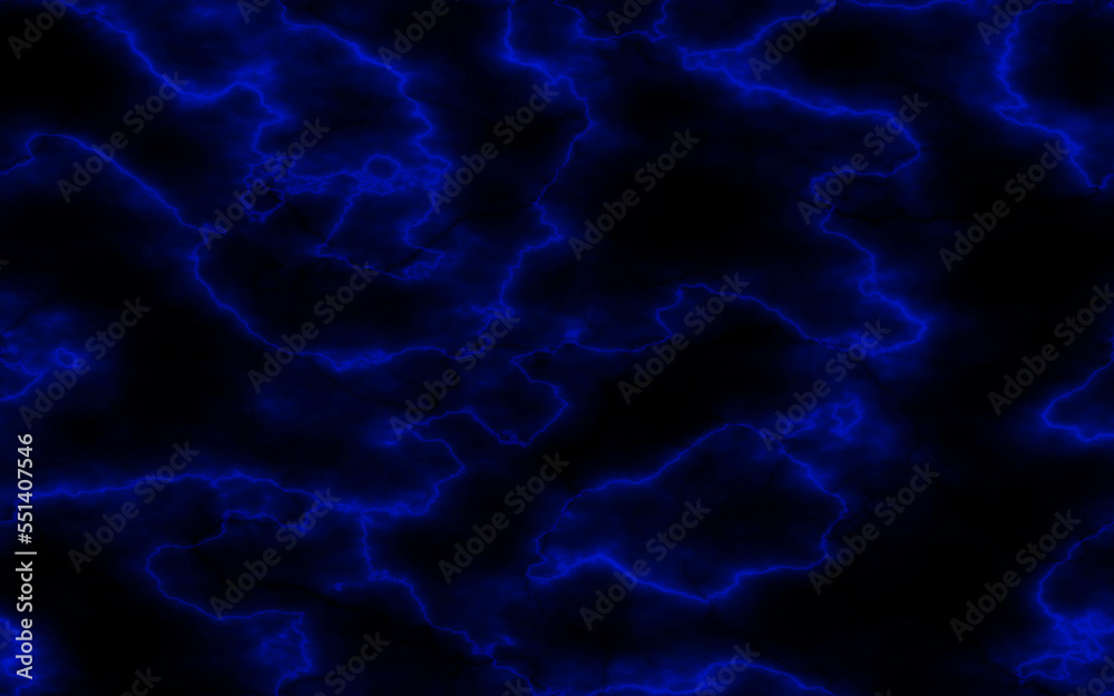 Black marble stone texture background. Abstract blue electric lightning, thunderbolt strike and thunderstorm on black background.