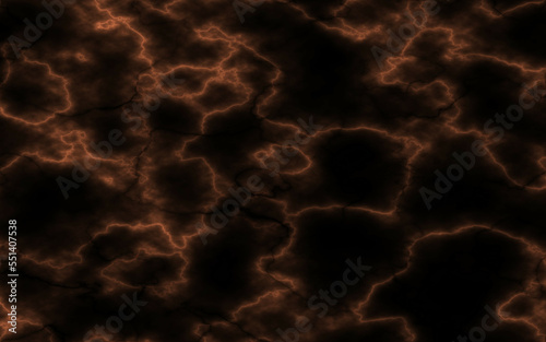 Black marble stone texture background. Abstract orange electric lightning, thunderbolt strike and thunderstorm on black background.