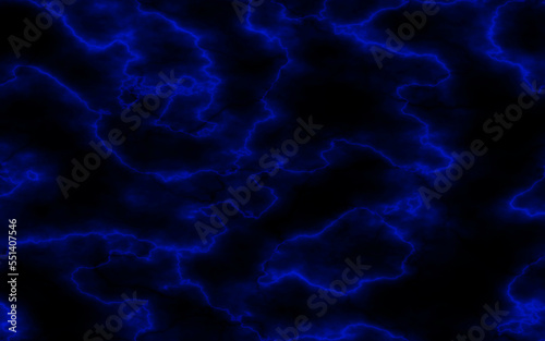 Black marble stone texture background. Abstract blue electric lightning, thunderbolt strike and thunderstorm on black background.