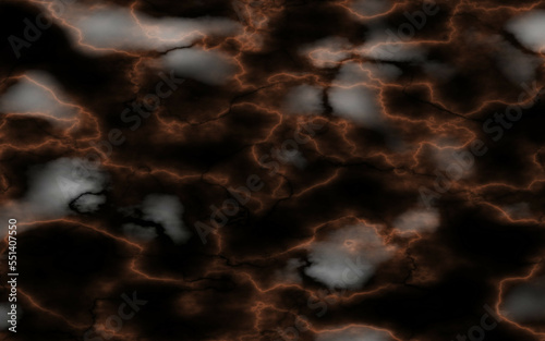 Black marble stone texture background. Abstract orange electric lightning, thunderbolt strike and thunderstorm on black background.
