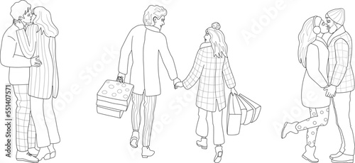Happy romantic couples wearing warm clothes in simple line art style. Men and women in love, shopping, hugging and kissing. Colouring book style.