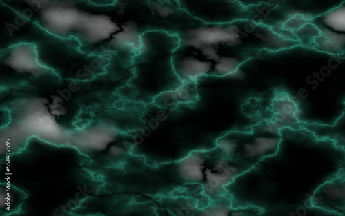 Black marble stone texture background. Abstract green electric lightning, thunderbolt strike and thunderstorm on black background.