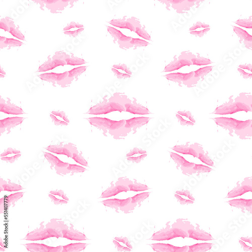 Seamless pattern abstract brush strokes in the shape of lips in trendy pink shades in watercolor