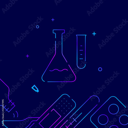 Laboratory glassware retort gradient line vector icon, simple illustration on a dark blue background, medicine, treatment related bottom border.