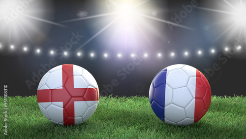 Two soccer balls in flags colors on stadium blurred background. England vs France. 3d image