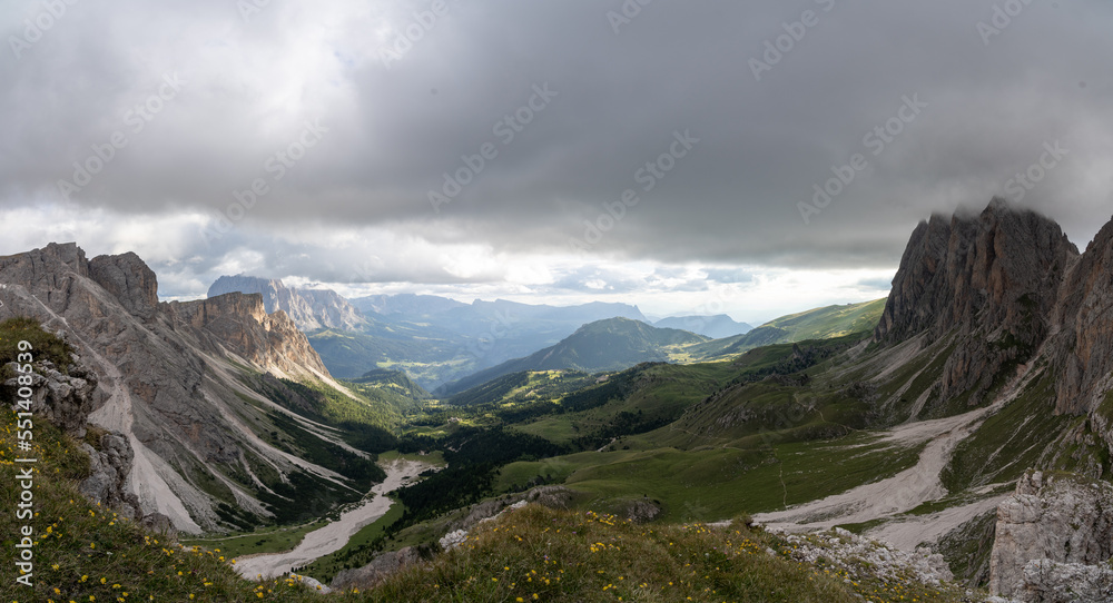 panorama of the mountains dolomites, val gardena