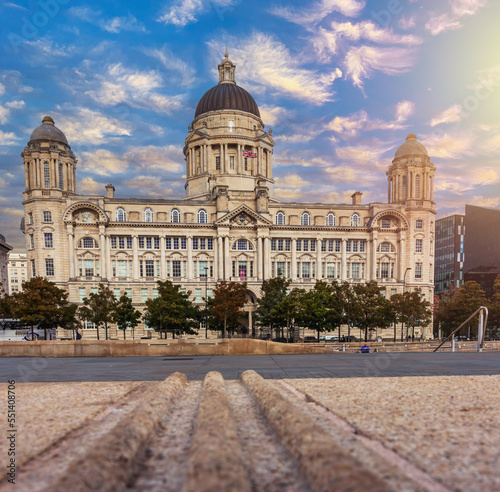 Liverpool historical architecture closeup view with cityscape in city center in England in United Kingdom