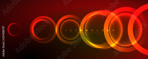 Neon glowing circles and round shape lines, magic energy space light concept, abstract background wallpaper design