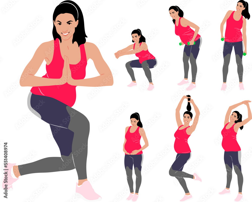 Hand-drawn set of a pregnant woman doing exercise wearing leggings and a top. Vector flat style illustration isolated on white. Full-length view Hand-drawn set of a pregnant woman doing exercise wearing leggings and a top. Vector flat style illustration isolated on white. Full-length view