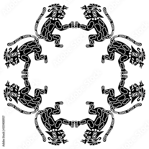 Rectangular frame with fantastic jaguar men. Native American ethnic design of Mochica Indians from ancient Peru. Black and white silhouette. 