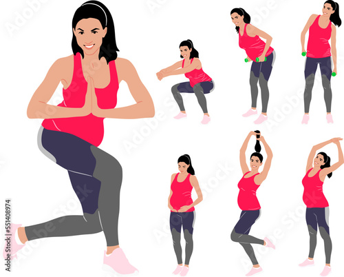 Fototapeta Naklejka Na Ścianę i Meble -  Hand-drawn set of a pregnant woman doing exercise wearing leggings and a top. Vector flat style illustration isolated on white. Full-length view