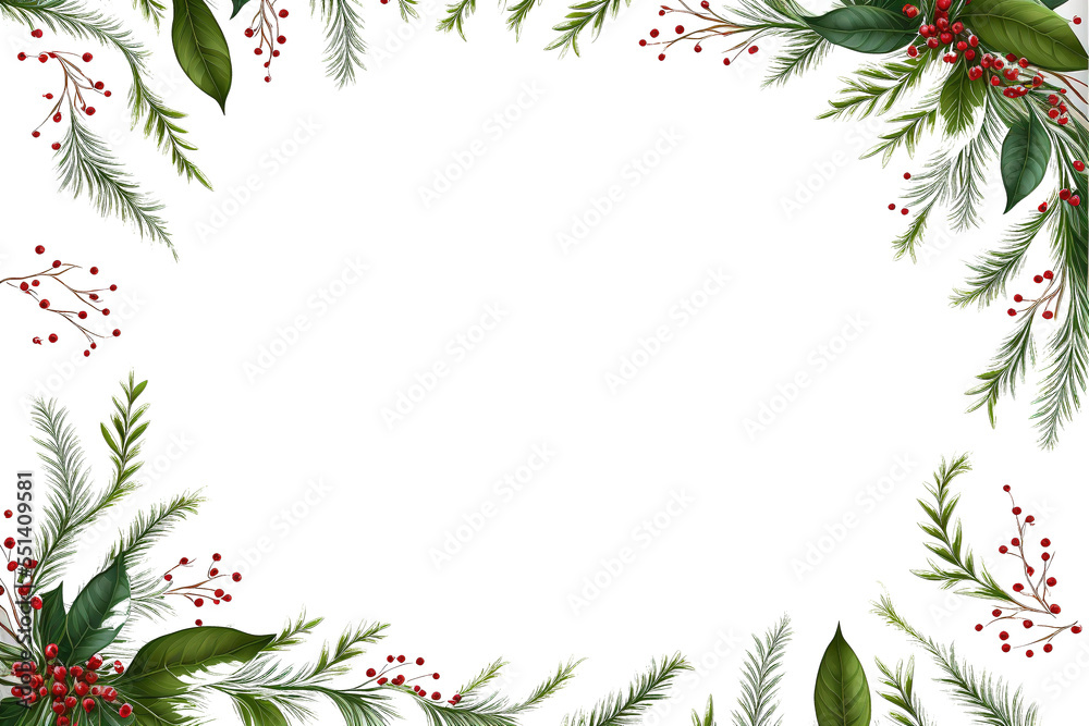 christmas holly fir branch frame border with transparent background 