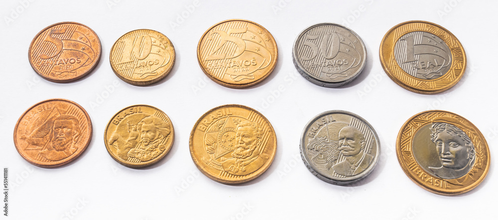 Brazilian currencies, front and back with white background,Brazilian money,currency of 1 real.50 cents,25 cents,10 cents,5 cents Brazilian currencies, front and back with white background,Brazilian money,currency of 1 real.50 cents,25 cents,10 cents,5 cents