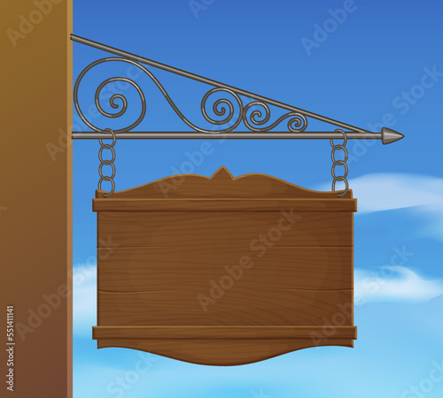 Vintage street sign made of dark wood vector illustration on the blue sky background, mounted to the wall