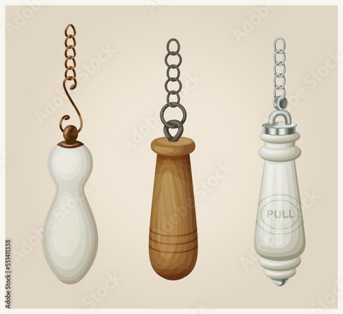 Toilet flushes pull down handles with chains vector icons, vintage toilet flushes cartoon illustrations