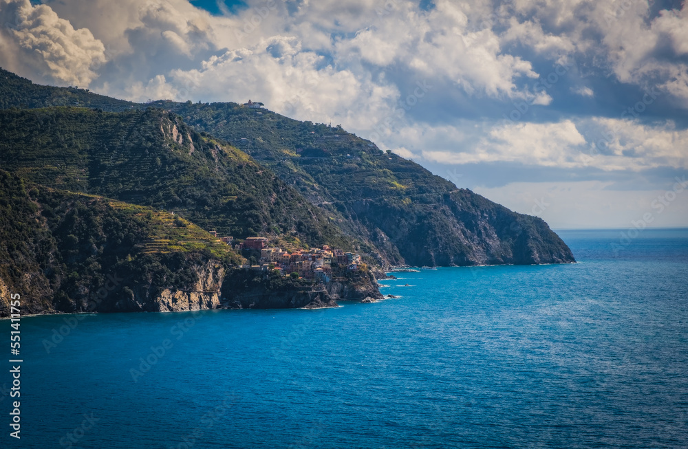 Manarola town, Cinque Terre national park, Liguria, Italy. View from Corniglia. September 2022