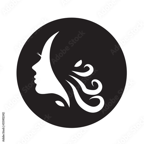 Stylized woman head silhouette for hair product logo or hair salon.