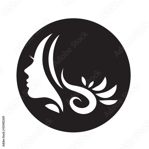Stylized woman head silhouette for hair product logo or hair salon.