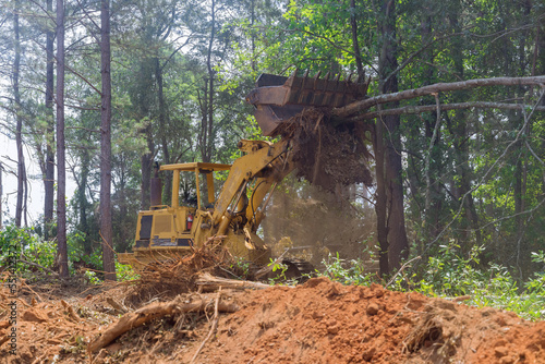 Preparation land in tractor work with during deforestation landscaping works removal roots for construction site