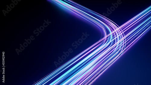 Fototapeta Naklejka Na Ścianę i Meble -  Futuristic vibrant blue purple color speed light, abstract timelapse highspeed car light trail motion effects at night 3d rendering, dynamic neon curve