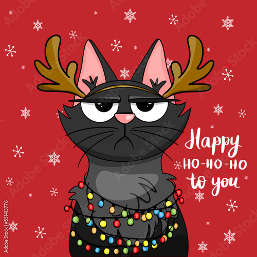 Vector christmas card with grumpy cat with garland character party time congratulatory funny postcards with slogans lettering. Cartoon flat style ideal for cards posters, social media.