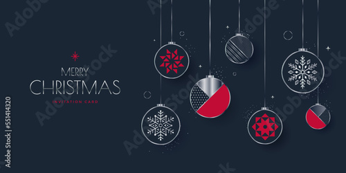 Merry Christmas decoration greeting card. Christmas silver balls with snowflakes and geometric red stars. Vector xmas illustration for holiday graphic.